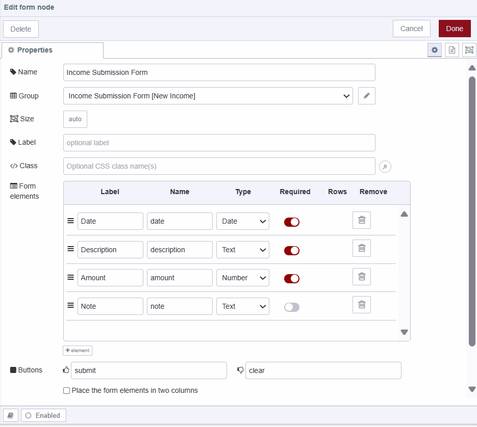 "Screenshot displaying Income submission ui-form's configuration"
