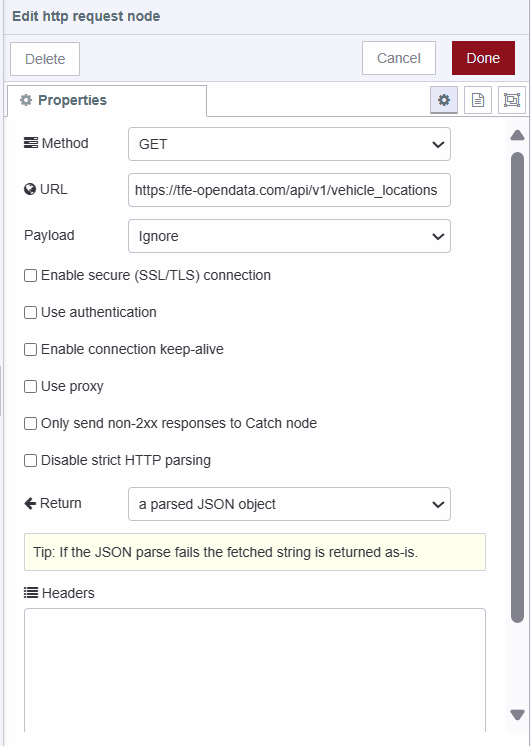 "Screenshot of the HTTP request node configuration for retrieving data from the API"